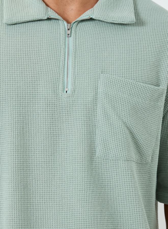 Styli Men Waffle Knit Quarter Zip Oversized Polo - Image 3